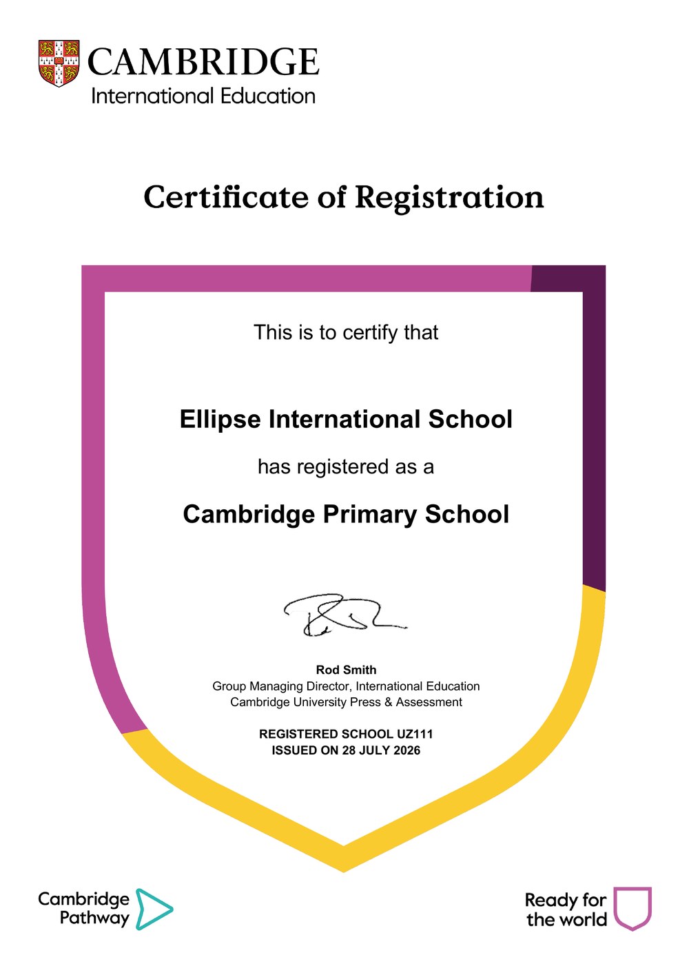 Cambridge Primary School Certificate of Registration — Ellipse International School, UZ111