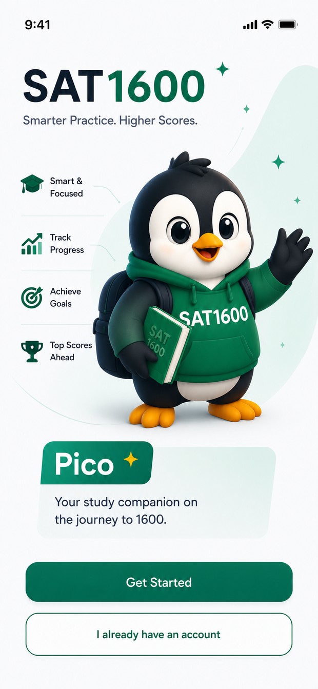 SAT 1600 app onboarding screen with Pico the penguin