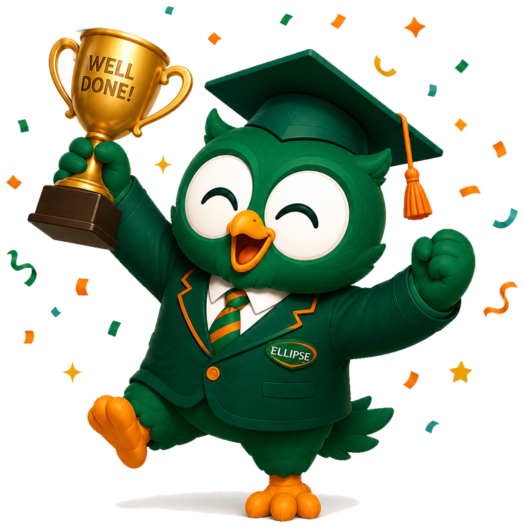 Ellipse mascot celebrating with a trophy